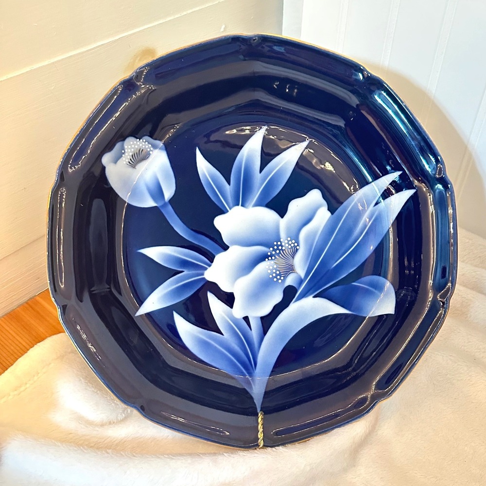 Vintage Japanese Fukagawa 11.5 Platter Bowl Cobalt Blue White Floral Gold Border